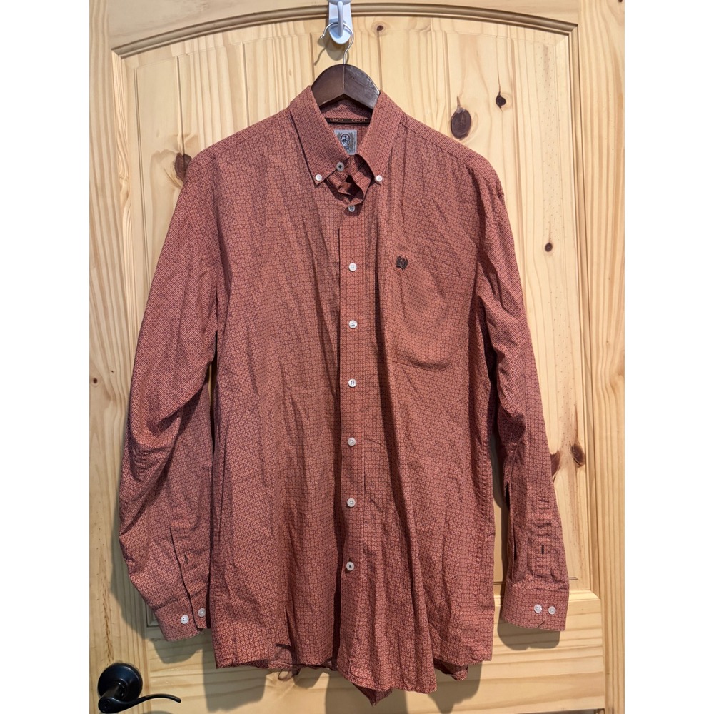 Cinch Mens Large Rust Geometric Print Long Sleeve Button Down Western Shirt